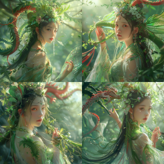明亮，绿色白色调，中国女孩，夏之女神，长发，画面干净，高品质幻想照片，中国神话仙女，圣洁，透明昆虫花瓣翅膀头饰，手臂长出满绿色藤蔓和丝线，长出一对翅膀，背景有一条红色的中国龙，逼真。 镜头光晕 明亮的 反射光 环境光 电影风格 幻想 浅绿