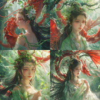 明亮，绿色白色调，中国女孩，夏之女神，长发，迪士尼画风，画面干净，高品质幻想，中国神话仙女，圣洁，透明昆虫花瓣翅膀头饰，手臂长出满绿色藤蔓和丝线，长出一对翅膀，背景有一条红色的中国龙围绕着女孩，逼真。 镜头光晕 明亮的 反射光 环境光 电影风格 幻想 浅绿