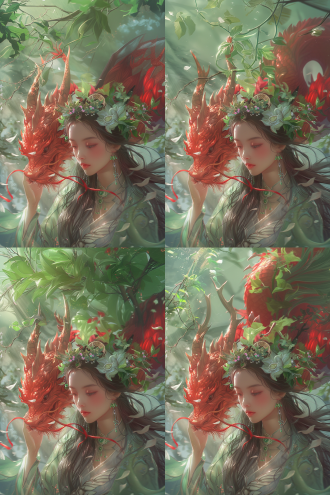 明亮，绿色白色调，中国女孩，夏之女神，长发，迪士尼画风，画面干净，高品质幻想，中国神话仙女，圣洁，透明昆虫花瓣翅膀头饰，手臂长出满绿色藤蔓和丝线，长出一对翅膀，背景有一条红色的中国龙围绕着女孩，逼真。 镜头光晕 明亮的 反射光 环境光 电影风格 幻想 浅绿