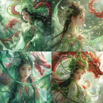 明亮，绿色白色调，东方女孩，夏之女神，长发，迪士尼电影感，画面干净，高品质幻想，荧光，中国神话仙女，圣洁，透明昆虫花瓣翅膀头饰，手臂长出满绿色藤蔓和丝线，长出一对翅膀，背景有一条红色的中国龙围绕着女孩，逼真。 镜头光晕 明亮的 反射光 光粒子，电影风格 幻想 浅绿