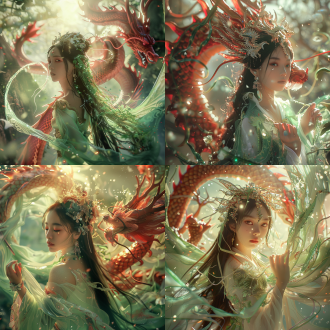 明亮，绿色白色调，东方女孩，夏之女神，长发，迪士尼电影感，画面干净，高品质幻想，发光，中国神话仙女，圣洁，透明昆虫花瓣翅膀头饰，手臂长出满绿色藤蔓和丝线，长出一对翅膀，背景有一条红色的中国龙围绕着女孩，逼真。 镜头光晕 明亮的 反射光 光粒子，电影风格 幻想 浅绿