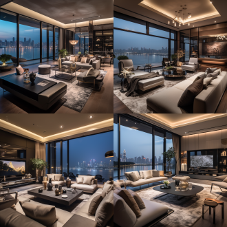 290平方，大平层，意式轻奢装修风格，客厅，酒店式，皮质沙发，正面电视背景墙，窗外是杭州钱塘江江景