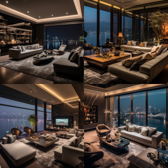 290平方，大平层，意式豪宅豪华装修风格，夜景豪华客厅，皮质沙发，整面电视背景墙，窗外是杭州钱塘江江景，艺术感摆件