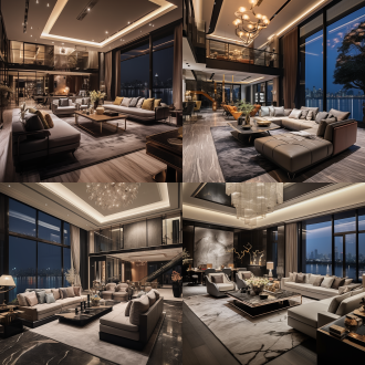 290平方大平层，意式豪宅豪华装修风格，夜景豪华大客厅，皮质沙发，整面电视背景墙，窗外是杭州钱塘江江景，艺术家画作，摆件高级感