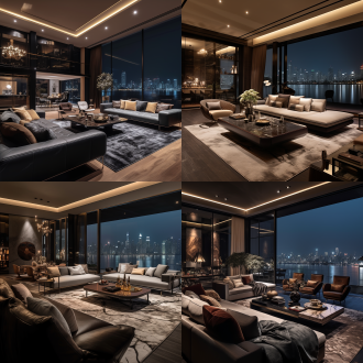 290平方，大平层，意式豪宅豪华装修风格，夜景豪华客厅，皮质沙发，整面电视背景墙，窗外是杭州钱塘江江景，艺术感摆件高级感