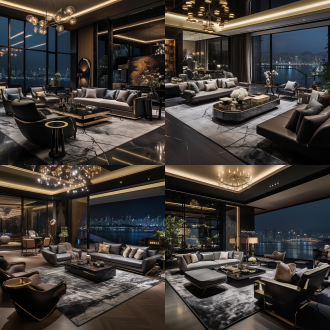 290平方，大平层，意式豪宅豪华装修风格，夜景豪华客厅，皮质沙发，整面电视背景墙，窗外是杭州钱塘江江景，艺术感摆件高级感