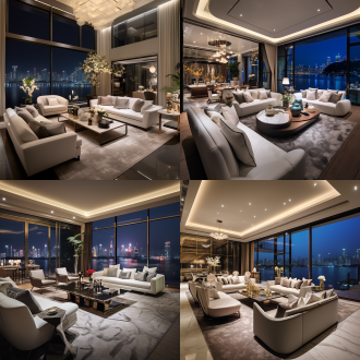 290平方大平层，意式豪宅豪华装修风格，夜景豪华大客厅，白色皮质沙发，色调明亮，整面电视背景墙，窗外是杭州钱塘江江景，摆件高级感