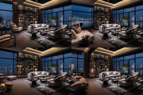 290平方大平层，意式豪宅豪华装修风格，夜景豪华大客厅，皮质沙发，色调明亮，整面电视背景墙，窗外是杭州钱塘江江景，摆件高级感