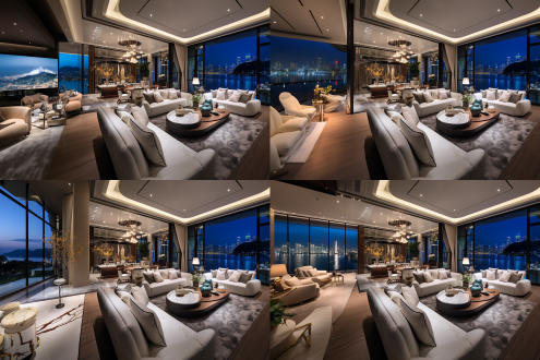 290平方大平层，意式豪宅豪华装修风格，夜景豪华大客厅，白色皮质沙发，色调明亮，整面电视背景墙，窗外是杭州钱塘江江景，摆件高级感