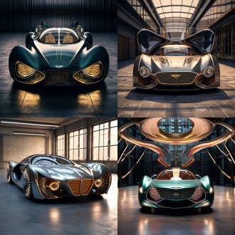 飞行汽车，奔驰的流线，宾利的车头，车门亮色位置有动力装置用于飞行，尾部有火焰喷射，未来，设计感，科幻，停在车库，写实细节