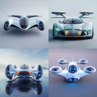 飞行汽车，奔驰的流线型，宾利的车头，4个起飞轮子，360马力行驶在马路上，车头喷射火焰，车门亮色位置有动力装置用于飞行，白色蓝色调为主，尾部有小火焰喷射，驾驶室玻璃，科技屏幕，未来，设计感，科幻，在未来世界飞行，写实细节