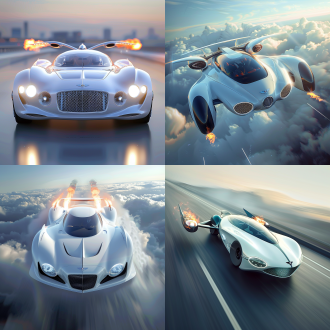 飞行汽车，奔驰的流线型，宾利的车头，280马力行驶在马路上，车头喷射火焰，4个动力装置用于飞行，白色蓝色调为主，尾部有小火焰喷射，驾驶室玻璃，科技屏幕，未来，设计感，科幻，在未来世界飞行，写实细节