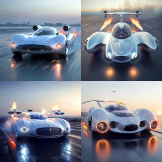 飞行汽车，奔驰的流线型，宾利的车头，280马力行驶在马路上，车头喷射火焰，4个动力装置用于飞行，白色蓝色调为主，尾部有小火焰喷射，驾驶室玻璃，科技屏幕，未来，设计感，科幻，在未来世界飞行，写实细节