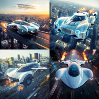 飞行汽车，奔驰的流线型，宾利的车头，280马力行驶在马路上，车头喷射火焰，4个动力装置用于飞行，白色蓝色豪华车身，尾部有小火焰喷射，驾驶室玻璃，科技屏幕，未来，设计感，科幻，在未来城市低空飞行，写实细节