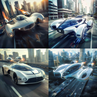 飞行汽车，奔驰的流线型，宾利的车头，280马力行驶在马路上，车头喷射火焰，4个动力装置用于飞行，白色蓝色豪华车身，尾部有喷射，驾驶室玻璃，科技屏幕，未来，设计感，科幻，在未来城市低空行驶，写实细节