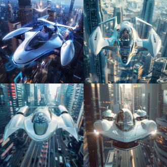 飞行汽车，奔驰的流线型，宾利的车头，280马力行驶在马路上，车头喷射火焰，4个动力装置用于飞行，白色蓝色豪华车身，尾部有喷射，一个中国女人坐在驾驶舱，玻璃，科技屏幕，未来，设计感，科幻，悬浮在未来城市，低空行驶，写实细节