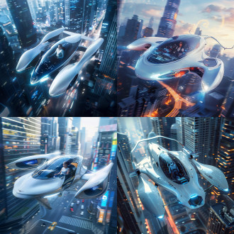 飞行汽车，奔驰的流线型，宾利的车头，280马力行驶在马路上，车头喷射火焰，4个动力装置用于飞行，白色蓝色豪华车身，尾部有喷射，一个中国女人坐在驾驶舱，玻璃，科技屏幕，未来，设计感，科幻，在未来城市，低空行驶，写实细节