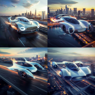 飞行汽车，奔驰的流线型，宾利的车头，280马力行驶在马路上，车头喷射火焰，4个动力装置用于飞行，白色蓝色豪华车身，尾部有小火焰喷射，驾驶室玻璃，科技屏幕，未来，设计感，科幻，在未来城市低空飞行，写实细节