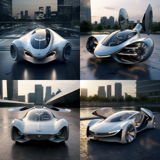 飞行汽车，奔驰的流线型，宾利的车头，280马力行驶在马路上，车头喷射火焰，4个动力装置用于飞行，白色蓝色豪华车身，尾部有喷射，一个中国女人坐在驾驶舱，玻璃，科技屏幕，未来，设计感，科幻，在未来城市，低空行驶，写实细节