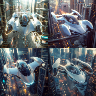 飞行汽车，奔驰的流线型，宾利的车头，280马力行驶在马路上，车头喷射火焰，4个动力装置用于飞行，白色蓝色豪华车身，尾部有喷射，一个中国女人坐在驾驶舱，玻璃，科技屏幕，未来，设计感，科幻，悬浮在未来城市，低空行驶，写实细节