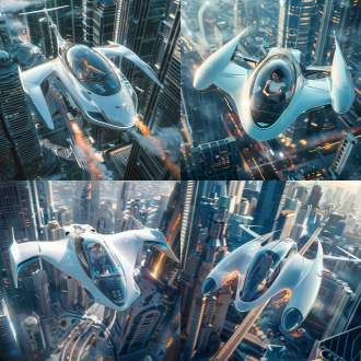 飞行汽车，奔驰的流线型，宾利的车头，280马力行驶在马路上，车头喷射火焰，4个动力装置用于飞行，白色蓝色豪华车身，尾部有喷射，一个中国女人坐在驾驶舱，玻璃，科技屏幕，未来，设计感，科幻，悬浮在未来城市，低空行驶，写实细节