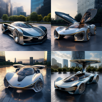 飞行汽车，奔驰的流线型，宾利的车头，280马力行驶在马路上，车头喷射火焰，4个动力装置用于飞行，白色蓝色豪华车身，尾部有喷射，一个中国女人坐在驾驶舱，玻璃，科技屏幕，未来，设计感，科幻，在未来城市，低空行驶，写实细节