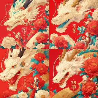 画中心写：75岁，国庆插画，庆祝气氛，中国龙，鲜花盛放，艺术牡丹花卉，红色调，艺术插画
