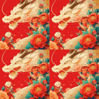 画中心写：75岁，国庆插画，庆祝气氛，中国龙，鲜花盛放，艺术牡丹花卉，红色调，艺术插画