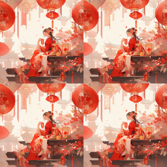 画中心写：75寿，国庆，插画，中式美学，庆祝气氛，宋韵，亭台楼阁，鲜花盛放，艺术牡丹花卉，红色调，艺术插画风格