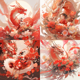 国庆，中国插画，中式美学，宋韵，天安门，中国龙，鲜花盛放，艺术牡丹花卉，红色调，炫彩国风，艺术插画风格，庆祝气氛