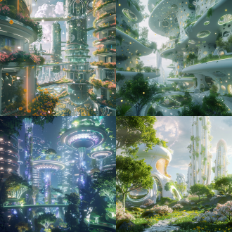 未来地球城市，科幻，创新建筑住宅，极简后现代主义，未来高科技城市，科技风，未来感，阿凡达绿色植物，鲜花精灵，发光粒子，明亮色调