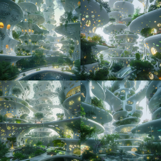 未来地球城市，科幻，创新建筑住宅，极简后现代主义，未来高科技城市，科技风，未来感，阿凡达绿色植物，鲜花精灵，发光粒子，明亮色调