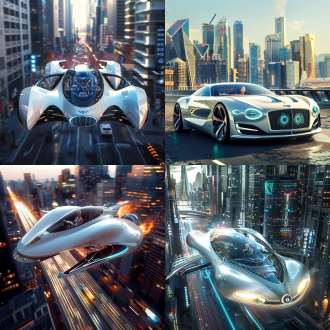 飞行汽车，悬浮在未来城市，低空行驶，奔驰的流线型，宾利的车头，280马力行驶在马路上，车头喷射火焰，4个动力装置用于飞行，白色蓝色豪华车身，尾部有喷射，一个中国女人坐在驾驶舱，玻璃，科技屏幕，未来，设计感，科幻，悬浮在未来城市，低空行驶，写实细节