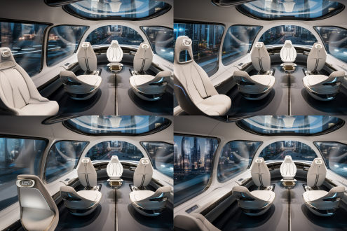 飞行汽车，悬浮在未来城市，低空行驶，奔驰的流线型，宾利的车头，280马力行驶在马路上，车头喷射火焰，4个动力装置用于飞行，白色蓝色豪华车身，尾部有喷射，一个中国女人坐在驾驶舱，玻璃，科技屏幕，未来，设计感，科幻，悬浮在未来城市，低空行驶，写实细节