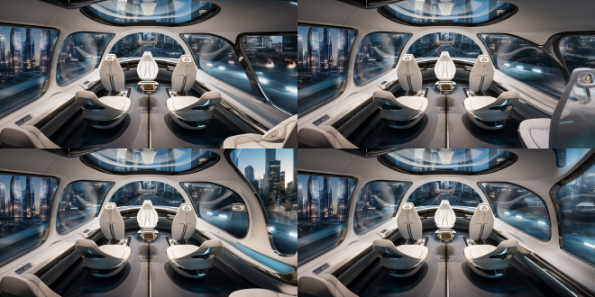 飞行汽车，悬浮在未来城市，低空行驶，奔驰的流线型，宾利的车头，280马力行驶在马路上，车头喷射火焰，4个动力装置用于飞行，白色蓝色豪华车身，尾部有喷射，一个中国女人坐在驾驶舱，玻璃，科技屏幕，未来，设计感，科幻，悬浮在未来城市，低空行驶，写实细节