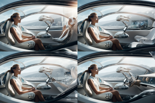 飞行汽车，悬浮在未来城市，低空行驶，奔驰的流线型，宾利的车头，280马力行驶在马路上，车头喷射火焰，4个动力装置用于飞行，白色蓝色豪华车身，尾部有喷射，一个中国女人坐在驾驶舱，玻璃，科技屏幕，未来，设计感，科幻，悬浮在未来城市，低空行驶，写实细节