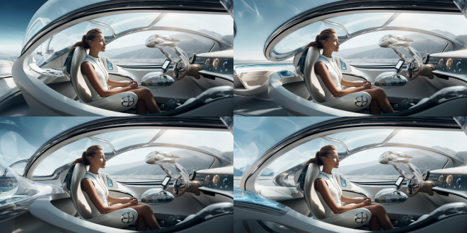 飞行汽车，悬浮在未来城市，低空行驶，奔驰的流线型，宾利的车头，280马力行驶在马路上，车头喷射火焰，4个动力装置用于飞行，白色蓝色豪华车身，尾部有喷射，一个中国女人坐在驾驶舱，玻璃，科技屏幕，未来，设计感，科幻，悬浮在未来城市，低空行驶，写实细节