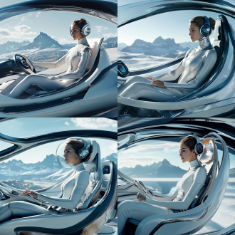 美女驾驶者飞行舱，离开地面，高空中，科幻，背景远山，冰岛