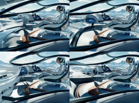 美女驾驶者飞行舱，离开地面，高空中，科幻，背景远山，冰岛