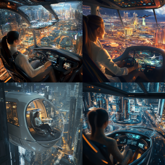 美女驾驶着飞行舱 低空飞行在未来城市 市中心高楼楼顶餐厅 可停靠飞机平台 科幻高科技 建筑风格拉斯维加斯 繁华 大场景 夜景 俯瞰 细节