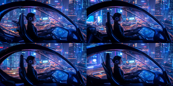 美女驾驶着私心飞行机 飞机全封闭高科技 电子灯光 低空飞行在未来城市 市中心高楼楼顶餐厅 可停靠飞机平台 科幻高科技 建筑杭州钱江新城 繁华 大场景 夜景 俯瞰 细节