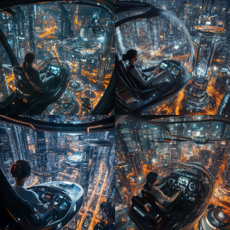 美女驾驶着飞行舱 低空飞行在未来城市 市中心高楼楼顶餐厅 可停靠飞机平台 科幻高科技 建筑风格拉斯维加斯 繁华 大场景 夜景 俯瞰 细节