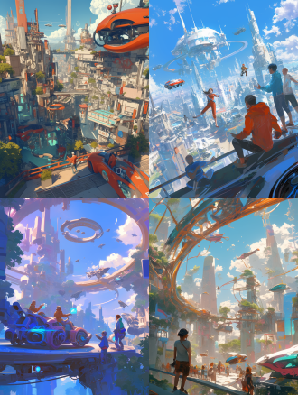 未来五一戏剧场景，超现实主题，飞行汽车，未来城市风光，人们参与高科技vr游戏，展示未来世界奇迹，服装未来感，欢快表情，明亮色彩，全景相机，动作丰富，科幻元素，兴奋情绪。