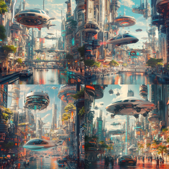 超现实主题，飞行汽车，未来城市风光，人们参与高科技vr游戏，展示未来世界奇迹，服装未来感，欢快表情，明亮色彩，全景，炫酷色彩，建筑细节