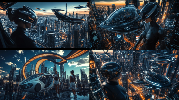 超现实主题，飞行汽车，未来城市风光，人们参与高科技vr游戏，展示未来世界奇迹，服装未来感，欢快表情，明亮色彩，全景，炫酷色彩，建筑细节