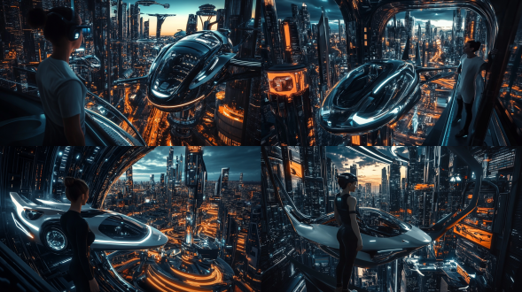 超现实主题，飞行汽车，未来城市风光，人们参与高科技vr游戏，展示未来世界奇迹，服装未来感，欢快表情，明亮色彩，全景，炫酷色彩，建筑细节