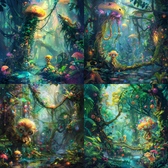 科幻热带雨林原始森林，高达的科幻植物，精灵，水晶蘑菇树，绿色藤蔓树长着非常长的藤蔓缠绕在地上，地上都是漂亮的五颜六色的果子，发着光，有一只猿猴很可爱的样子，大大的眼睛，黄色的毛发，站在河水里，色调明亮