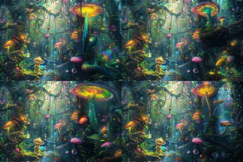 科幻热带雨林原始森林，高达的科幻植物，精灵，水晶蘑菇树，绿色藤蔓树长着非常长的藤蔓缠绕在地上，地上都是漂亮的五颜六色的果子，发着光，有一只猿猴很可爱的样子，大大的眼睛，黄色的毛发，站在河水里，色调明亮