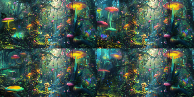 科幻热带雨林原始森林，高达的科幻植物，精灵，水晶蘑菇树，绿色藤蔓树长着非常长的藤蔓缠绕在地上，地上都是漂亮的五颜六色的果子，发着光，有一只猿猴很可爱的样子，大大的眼睛，黄色的毛发，站在河水里，色调明亮