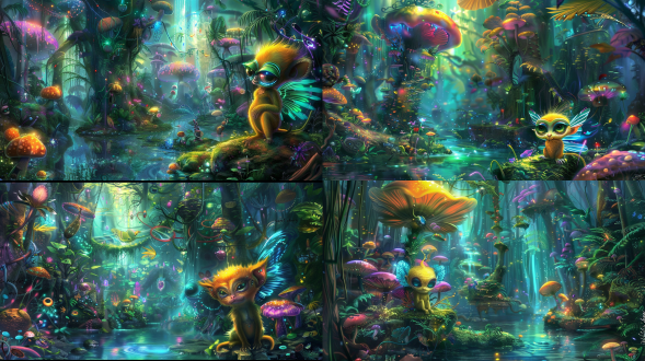 一只小猴子，大大的眼睛，很可爱，活泼的表情，身上黄色的毛，背上有一对蓝色的翅膀，站在河边，背景科幻热带雨林，在画面中心